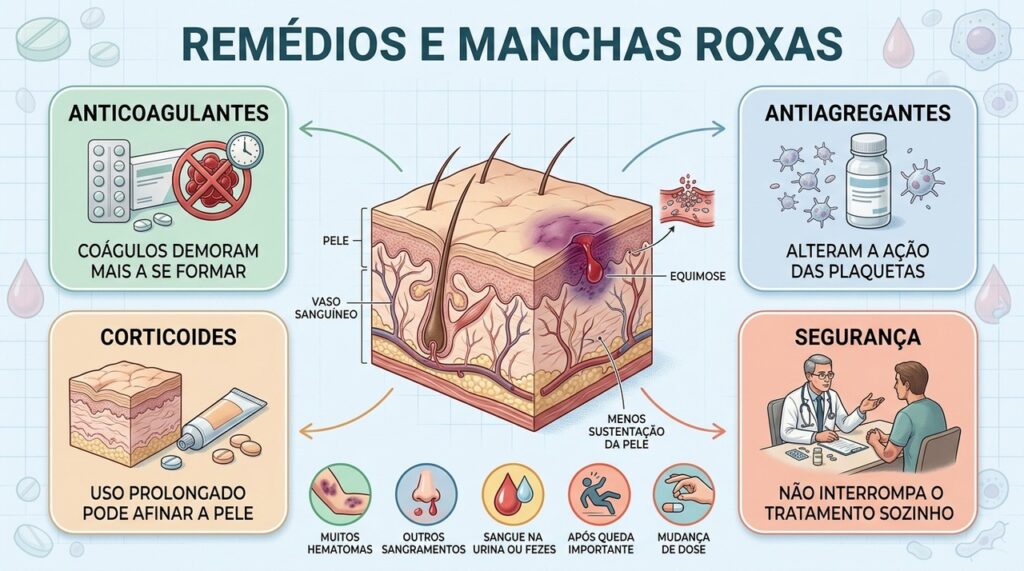 Anticoagulantes, antiagregantes e corticoides podem facilitar hematomas por mecanismos diferentes.