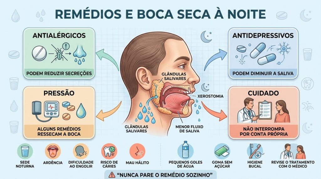Antialérgicos, antidepressivos e anti-hipertensivos podem reduzir a saliva e causar xerostomia.