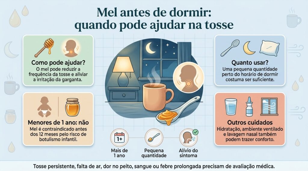 O mel pode aliviar a tosse ligada a infecções respiratórias agudas, mas não substitui a investigação quando o sintoma persiste.