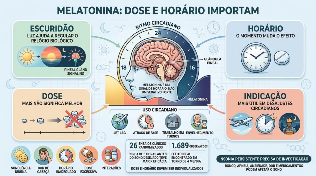 Horário, dose e ritmo circadiano determinam grande parte do efeito da melatonina.
