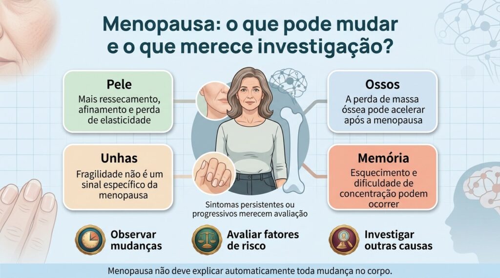 A menopausa pode trazer mudanças em diferentes sistemas, mas sinais persistentes devem ser avaliados de forma individualizada.