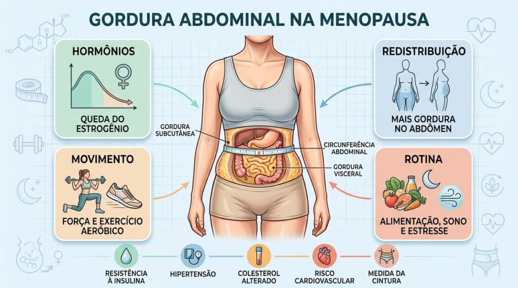 Hormônios, gordura visceral e hábitos explicam mudanças abdominais durante a menopausa.