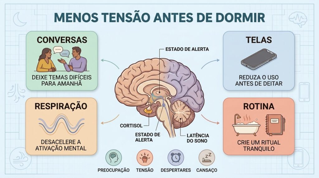 Rotina tranquila, menos telas e preocupações organizadas ajudam a reduzir a ativação antes do sono.