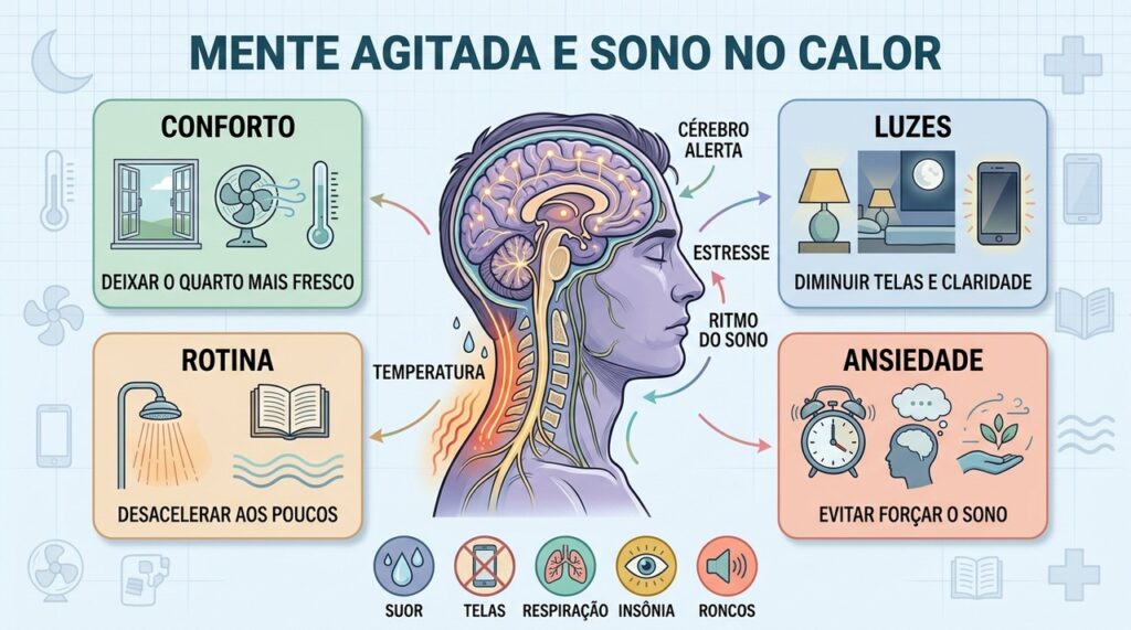 Quarto fresco, menos telas e relaxamento gradual reduzem a agitação noturna.