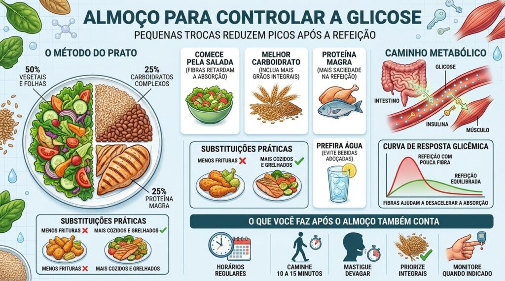 Fibras, proteína, integrais e água ajudam a reduzir picos glicêmicos após refeições.