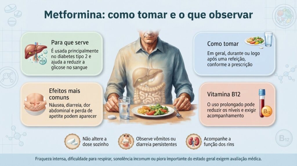 A metformina deve ser usada conforme a prescrição, de preferência com alimento, e seus efeitos colaterais devem ser acompanhados.