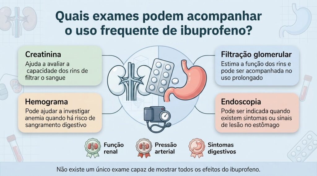 O acompanhamento do uso frequente de ibuprofeno pode combinar exames da função renal, pressão arterial e investigação digestiva conforme o risco individual.