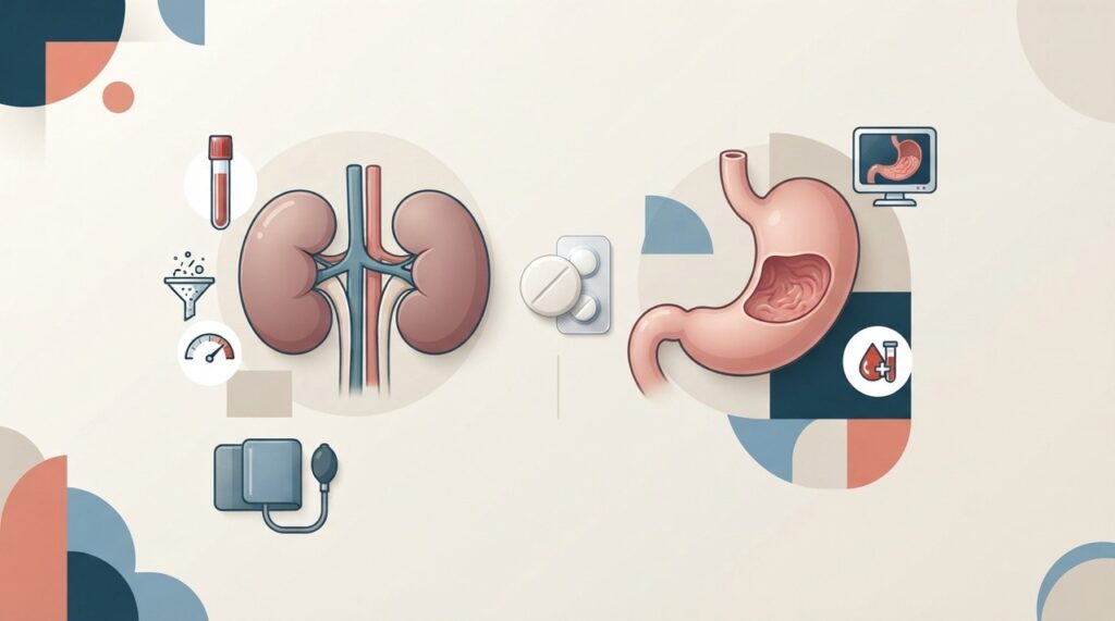 Creatinina e filtração glomerular ajudam a acompanhar os rins, enquanto a investigação do estômago depende do risco e dos sintomas.