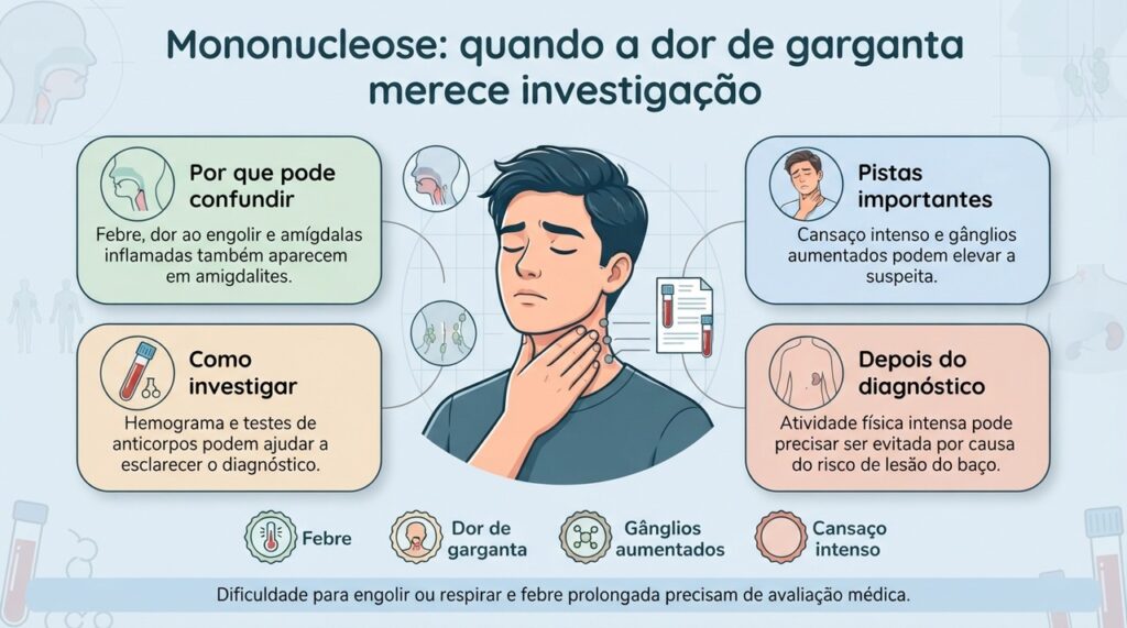 O conjunto de sintomas e, quando necessário, exames de sangue ajudam a diferenciar mononucleose de outras causas de dor de garganta.