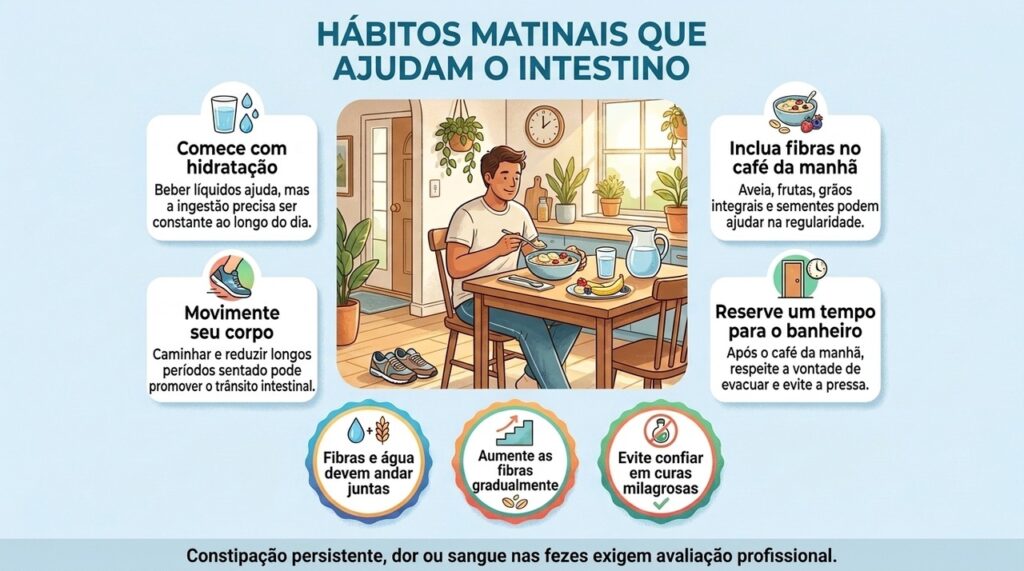 Hábitos simples e consistentes pela manhã podem favorecer a regularidade intestinal, especialmente quando envolvem hidratação, fibras, movimento e tempo para evacuar.