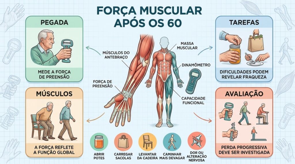 Pegada, tarefas diárias, músculos e testes funcionais ajudam a identificar perda de força.