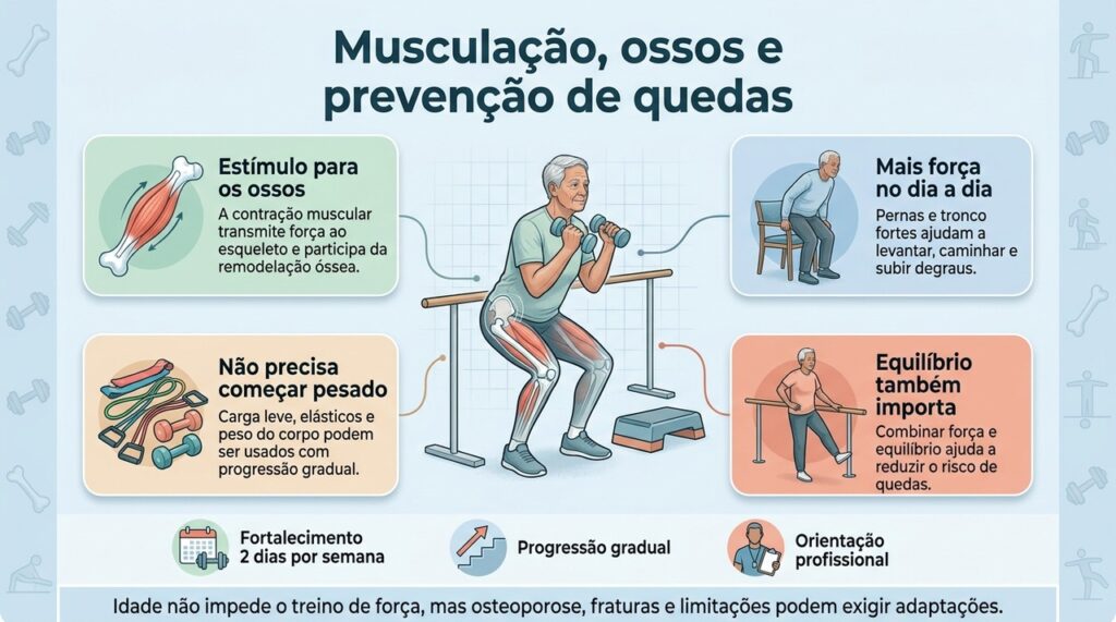 Musculação e exercícios de equilíbrio se complementam para preservar ossos, força e autonomia com o envelhecimento.