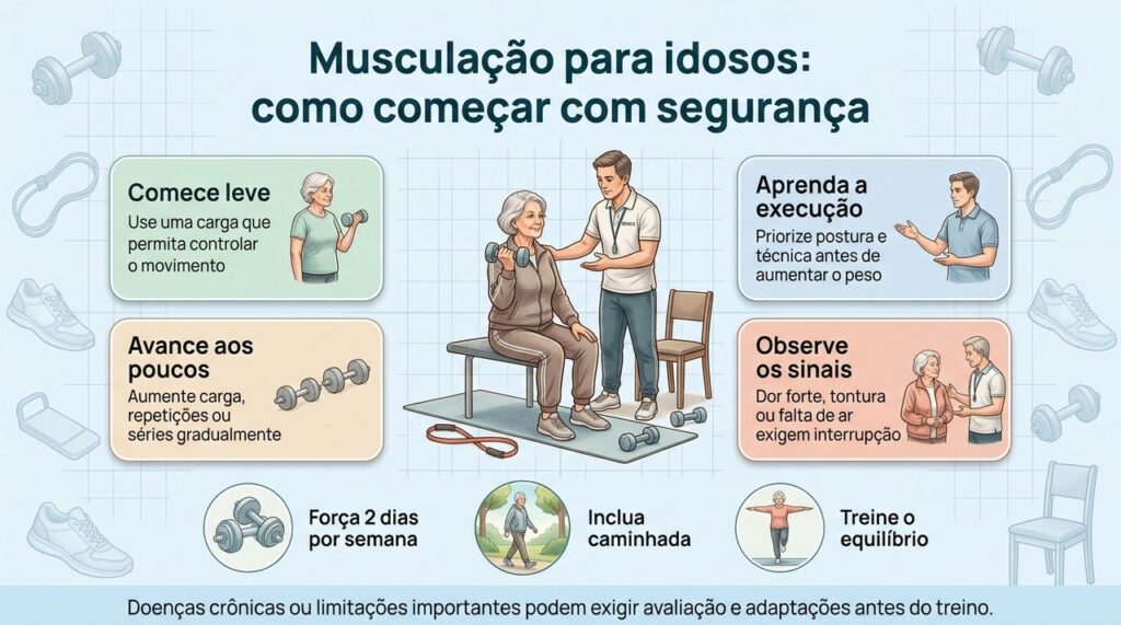 Cargas leves, técnica correta e progressão gradual são pontos centrais para começar a musculação depois dos 60.