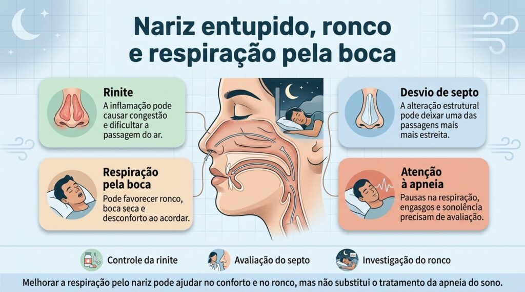 Obstrução nasal pode contribuir para o ronco, mas apneia do sono envolve outros fatores e precisa de avaliação adequada.