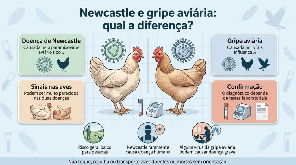 Embora possam causar sinais semelhantes nas aves, Newcastle e gripe aviária têm vírus, riscos e formas de confirmação diferentes.