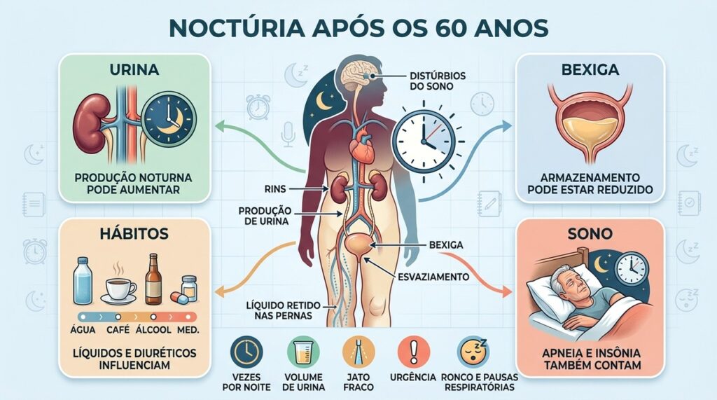 Produção urinária, bexiga, hábitos e sono podem contribuir para a noctúria.