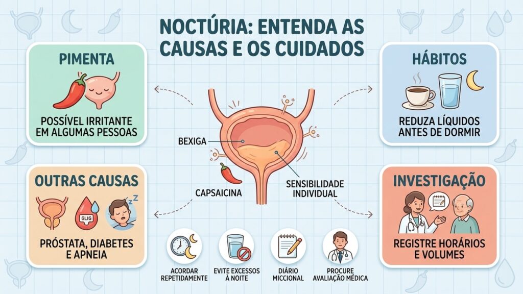 Pimenta, líquidos, próstata e sono podem influenciar a noctúria; sintomas persistentes merecem avaliação médica.