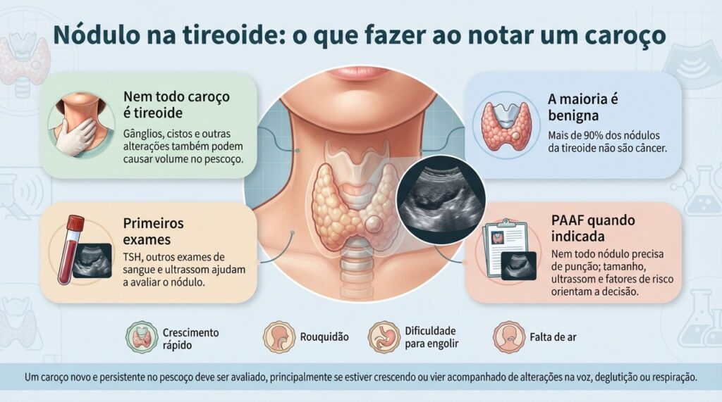 Ultrassom, exames de sangue e, quando necessário, PAAF ajudam a definir quais nódulos precisam apenas de acompanhamento ou investigação adicional.