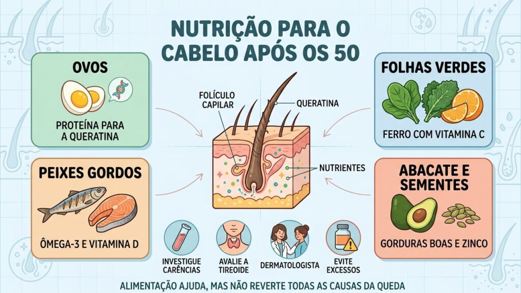 Conheça cinco alimentos que fornecem proteína, ferro, ômega-3, vitamina E e zinco para a saúde capilar.