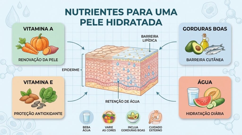 Água, vitaminas A e E e gorduras saudáveis apoiam a barreira cutânea e a hidratação.