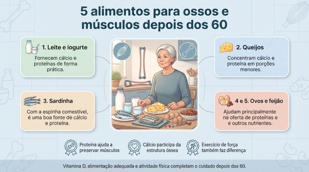 Leite, iogurte, queijo, sardinha, ovos e feijão podem ajudar a fornecer nutrientes importantes para ossos e músculos na maturidade.