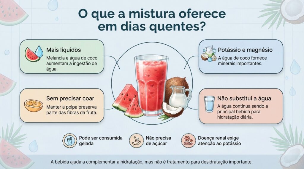 Melancia e água de coco oferecem líquidos e minerais, mas a água comum continua essencial para a hidratação diária.