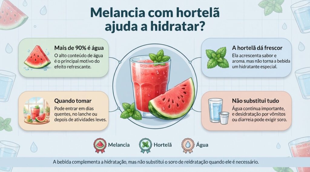 Melancia com hortelã pode complementar a ingestão de líquidos, principalmente no calor, sem substituir a água ou a reidratação adequada.