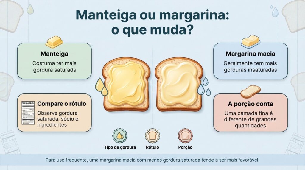 Uma margarina macia pode ter perfil de gorduras mais favorável, mas a escolha também depende da composição e da quantidade usada.