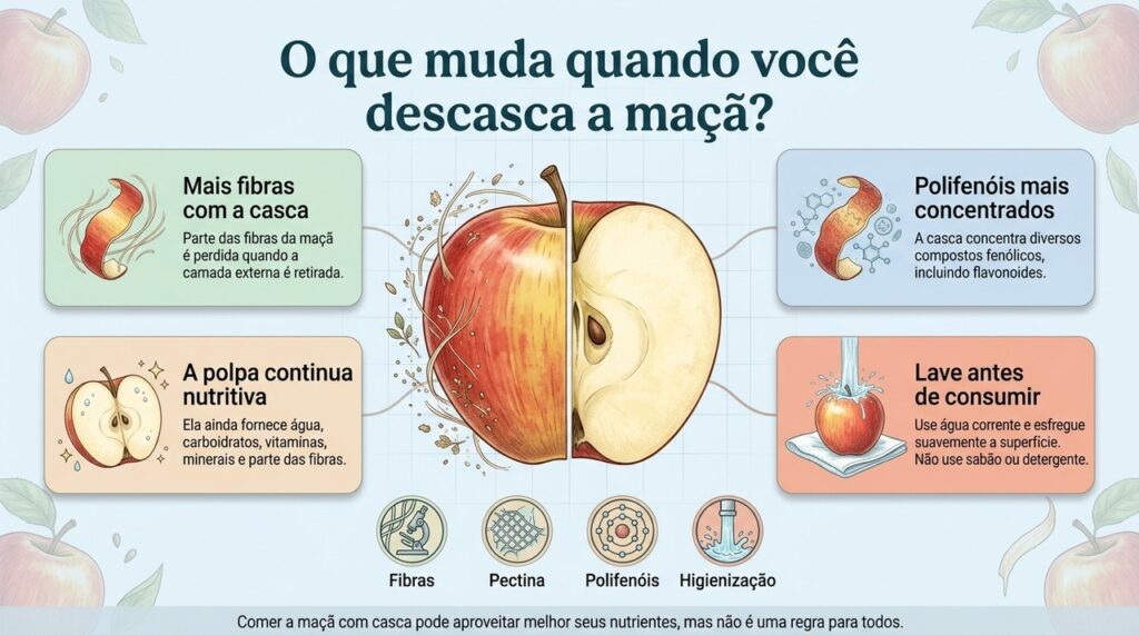 A casca concentra parte das fibras e dos polifenóis da maçã, enquanto a polpa continua sendo nutricionalmente valiosa.