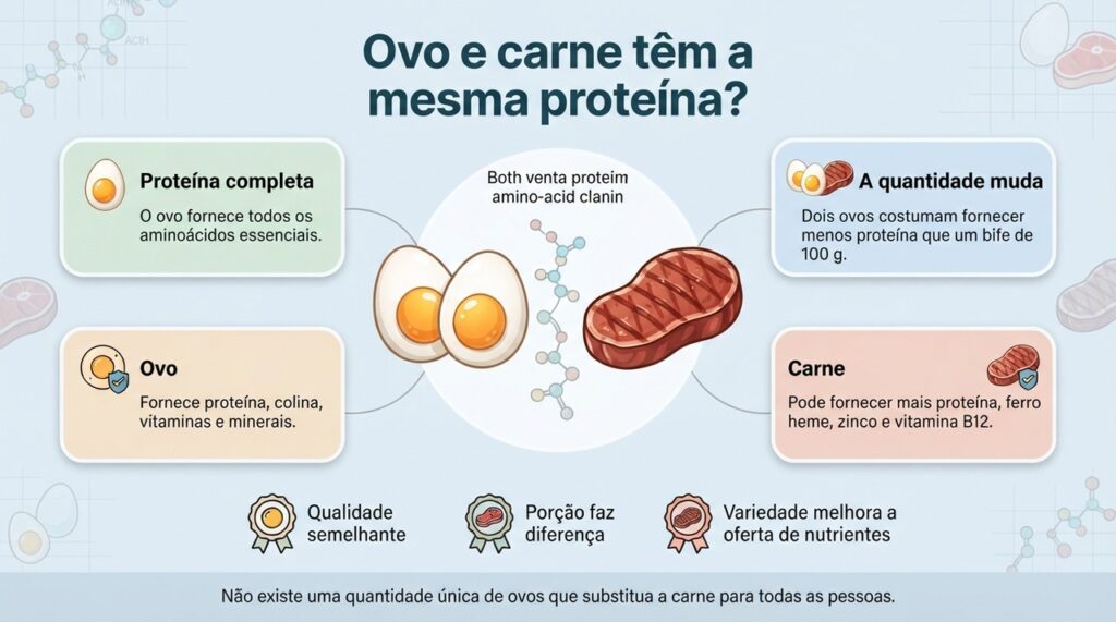 Ovo e carne oferecem proteínas de alta qualidade, mas diferem na quantidade por porção e nos micronutrientes que acompanham cada alimento.