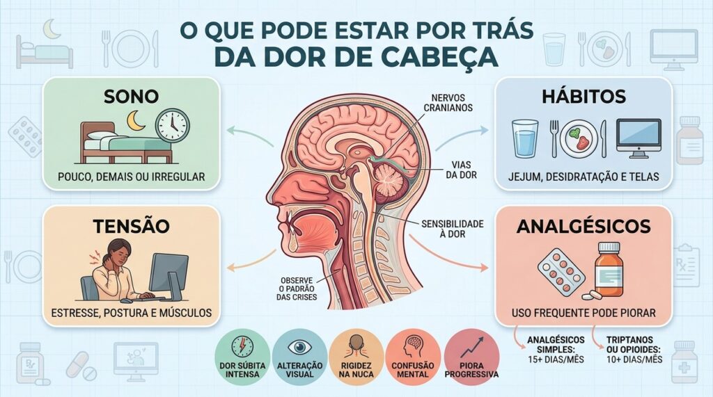 Sono, hábitos, tensão e analgésicos ajudam a revelar gatilhos da cefaleia.
