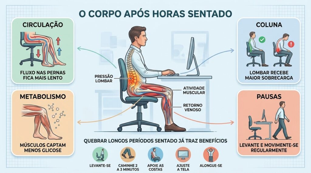 Circulação, coluna e metabolismo respondem melhor quando o tempo sentado é interrompido.