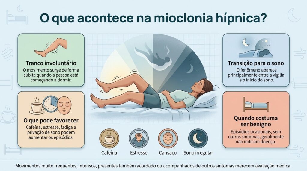 Os espasmos hípnicos costumam ser benignos, mas episódios frequentes ou diferentes do habitual merecem avaliação.