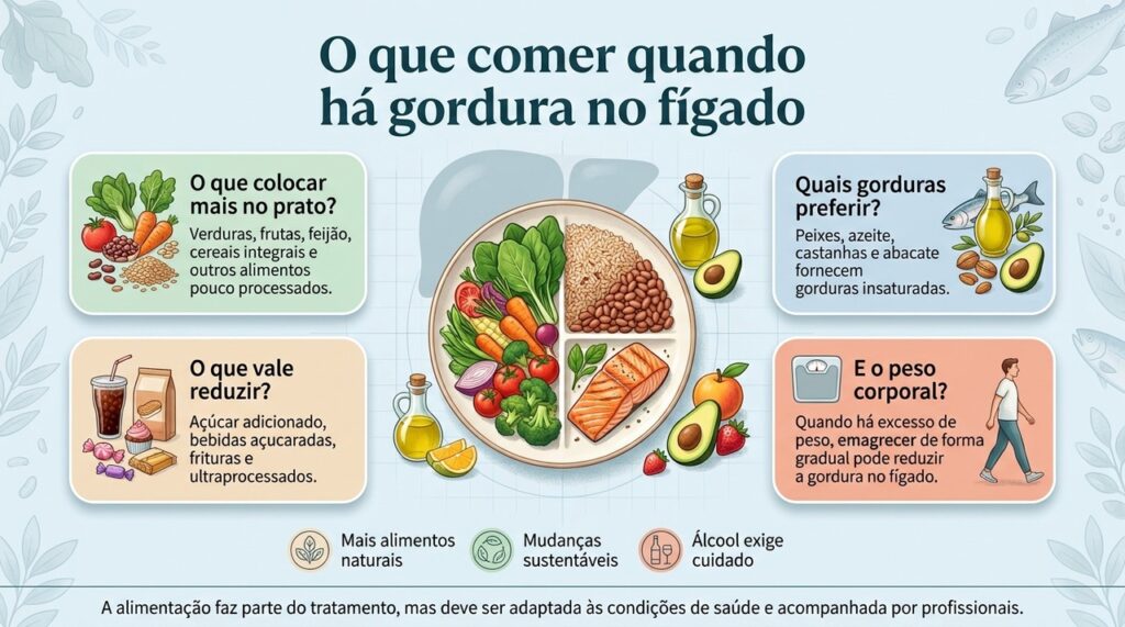 O cuidado com a gordura no fígado depende do padrão alimentar, do peso quando necessário e do acompanhamento de outras condições metabólicas.