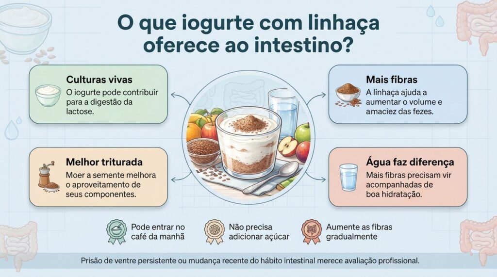 Iogurte, linhaça triturada e hidratação adequada podem formar uma combinação prática para aumentar fibras e apoiar o funcionamento intestinal.