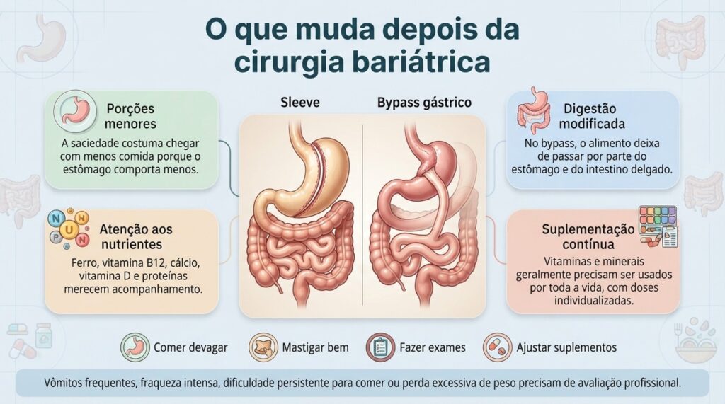 A cirurgia bariátrica modifica o tamanho do estômago e, em algumas técnicas, também a absorção de nutrientes, exigindo cuidados permanentes.