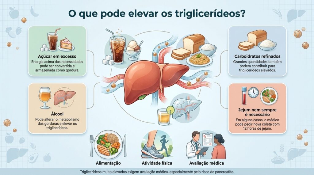 O controle dos triglicerídeos pode envolver reduzir açúcar, carboidratos refinados, excesso de calorias e álcool, além de investigar outras possíveis causas.