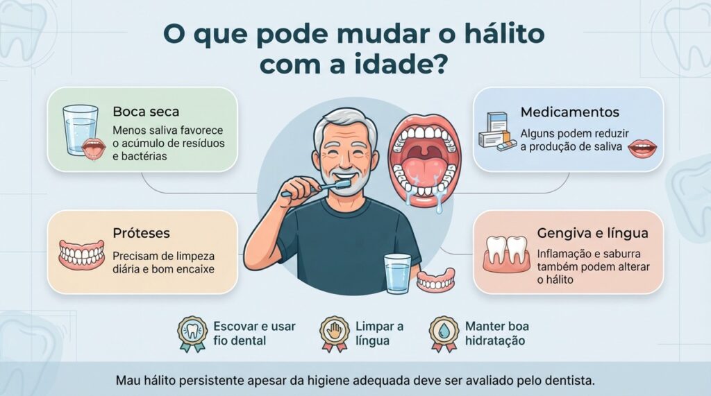 Hidratação, higiene da língua, cuidado com próteses e saúde da gengiva ajudam a controlar causas comuns de mau hálito.