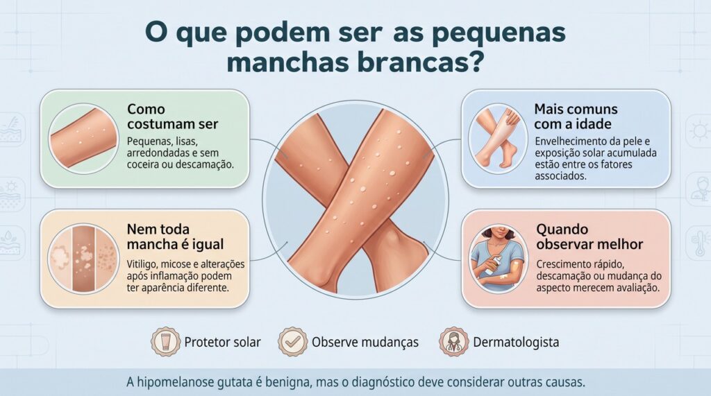 A hipomelanose gutata costuma formar pequenas manchas claras e benignas, mas outras causas podem produzir alterações semelhantes.
