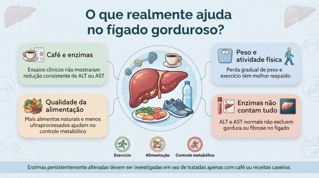 Café não demonstrou reduzir de forma consistente as enzimas hepáticas, enquanto mudanças de estilo de vida seguem no centro do tratamento.