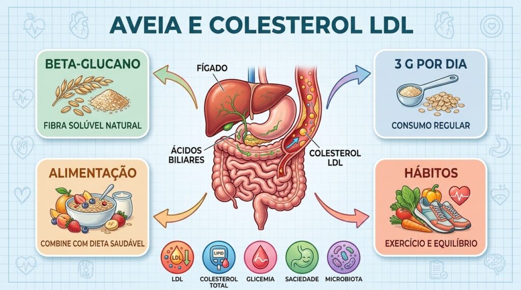 Beta-glucano, consumo diário e hábitos saudáveis ajudam no controle do colesterol LDL.