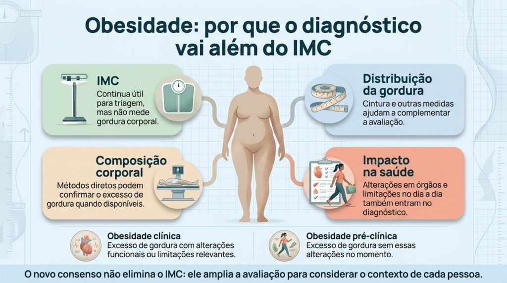 A proposta diferencia obesidade clínica e pré-clínica e combina medidas corporais com o impacto do excesso de gordura sobre a saúde.