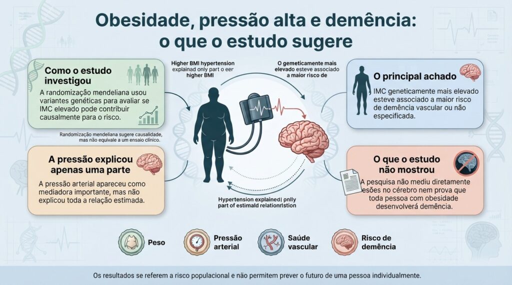 O estudo genético sugere que IMC elevado pode participar do risco de demência vascular por caminhos que incluem, mas não se limitam, à pressão alta.