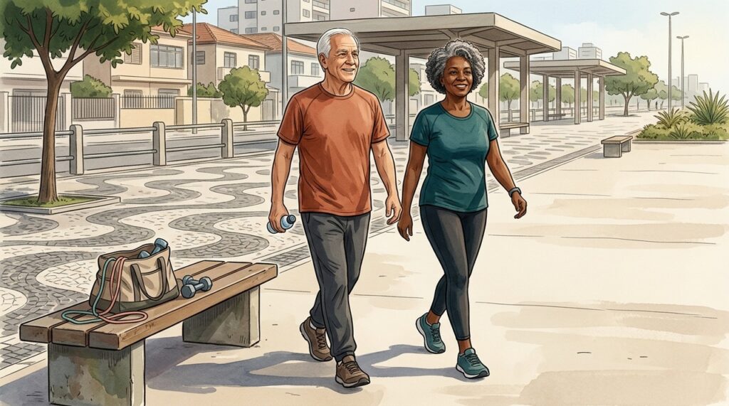 Caminhada complementa o fortalecimento e melhora resistência cardiovascular na terceira idade.