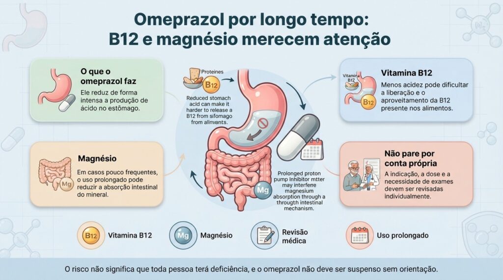 Quem usa omeprazol continuamente pode precisar revisar com o médico a indicação e, conforme o caso, investigar vitamina B12 e magnésio.