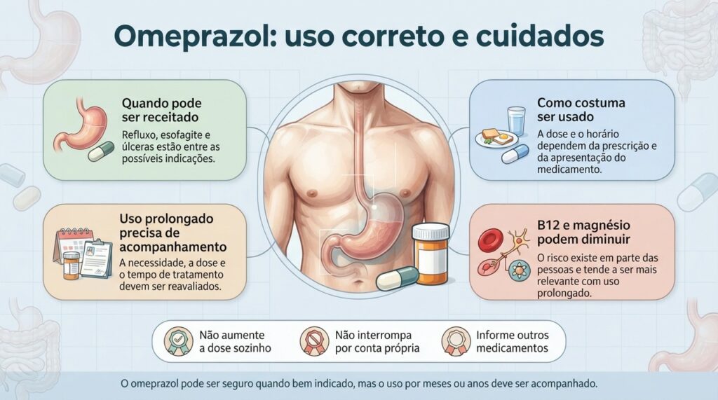 O omeprazol pode ser útil quando bem indicado, mas o uso prolongado merece acompanhamento e reavaliação.
