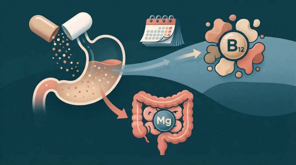 A relação com a vitamina B12 e com o magnésio não ocorre pelo mesmo mecanismo, embora ambas possam estar associadas ao uso prolongado.