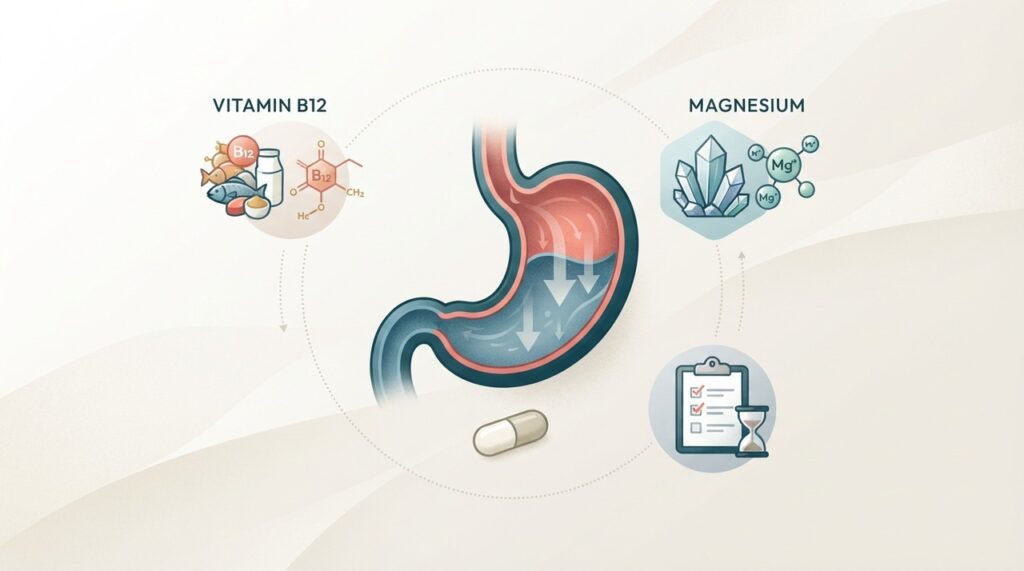 Vitamina B12, magnésio e outros possíveis efeitos são avaliados conforme o risco, os sintomas e a duração do tratamento.