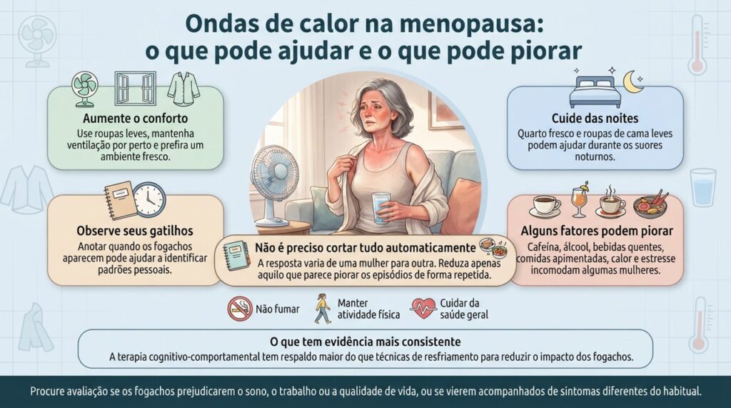 Medidas de resfriamento podem melhorar o conforto, enquanto observar gatilhos pessoais ajuda a evitar restrições desnecessárias.
