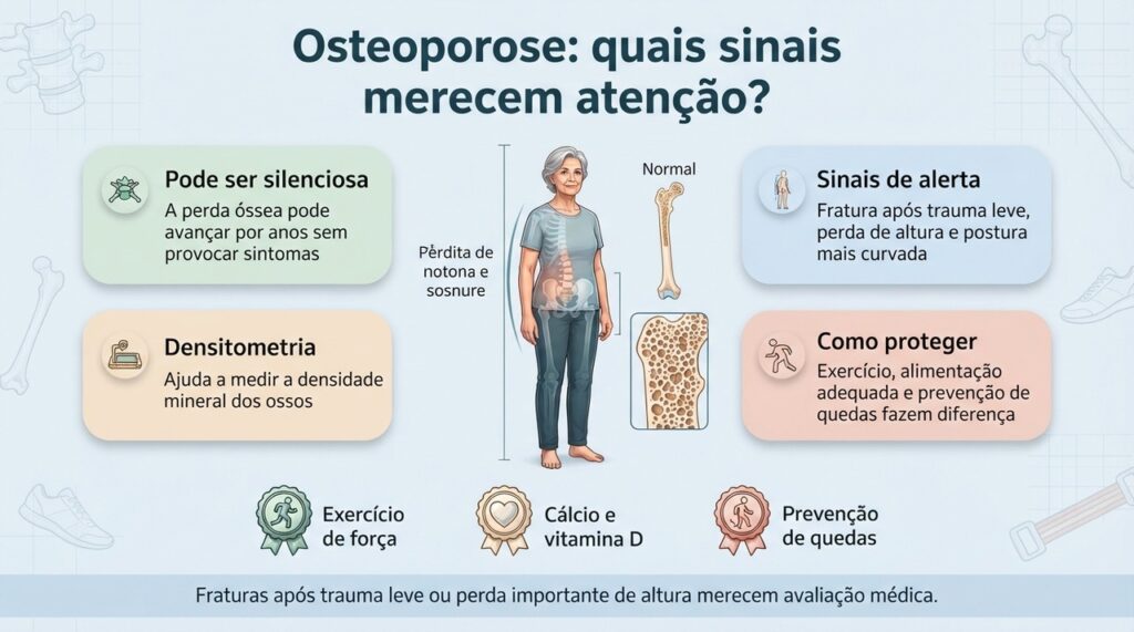 A osteoporose pode ser silenciosa, e a prevenção combina exercício, alimentação adequada, prevenção de quedas e avaliação dos fatores de risco.